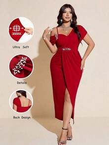 Viva Relle Vestido negro elegante y sexy para mujer de talla grande, vestido de gala formal con un hombro, cintura con strass, abertura lateral.El tono rojo es halagador y lujoso, el diseño asimétrico de un solo hombro resalta el hombro y la línea del cuello, la cintura con strass acentúa las curvas, y el diseño de abertura alta es sexy y elegante. - Burdeos - Ver 1
