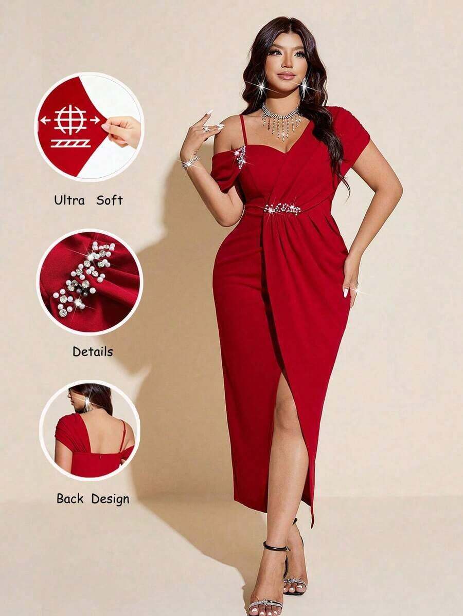 Viva Relle Vestido negro elegante y sexy para mujer de talla grande, vestido de gala formal con un hombro, cintura con strass, abertura lateral.El tono rojo es halagador y lujoso, el diseño asimétrico de un solo hombro resalta el hombro y la línea del cuello, la cintura con strass acentúa las curvas, y el diseño de abertura alta es sexy y elegante. - Burdeos - Ver 1