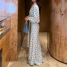 New Spring Collection Women's Dress, Retro Polka Dot Style, V-Neck, Puff Sleeves And Defined Waist - 藍色 - 查看 3