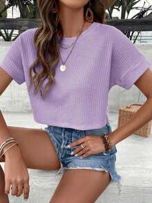 Camiseta corta de manga de murciélago color rosa sólido de primavera - Lila Púrpura - Ver 5