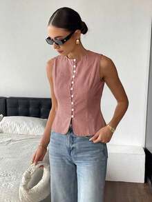 Camisa informal sin mangas con botones para mujer - Rosa - Ver 4