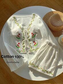 Conjunto de blusa con amarre al frente y shorts con estampado de anacardo para mujer, en estilo bohemio - Blanco - Ver 9
