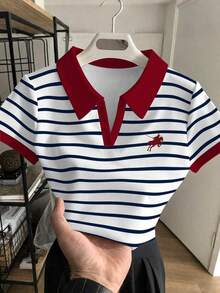 Camisa polo corta de mujer con estampado a rayas de equitación, cuello de color contrastante - Multicolor 4 - Ver 1