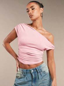 Blusa de verano con hombros asimétricos fruncidos en unicolor para mujer - Rosa coral - Ver 4