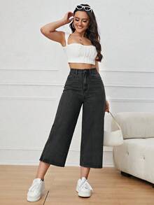 Jeans de pierna ancha recortado - Negro - Ver 7
