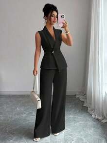 Conjunto de oficina elegante para mujer, compuesto por una chaqueta blazer sin mangas con cuello y bajo asimétrico, con hebilla metálica en la cintura, combinada con pantalones de cintura elástica.Conjunto de 2 piezas elegante para primavera/verano, atuendo formal y de clase para mujer. - Negro - Ver 6