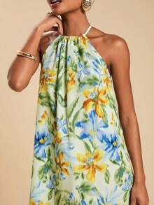 Vestido corto holgado con hombros al descubierto y estampado tejido para mujeres para vacaciones - Multicolor 2 - Ver 5