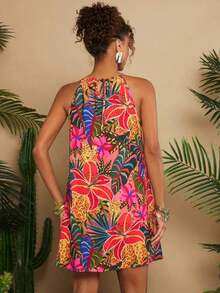 Vestido corto holgado con hombros al descubierto y estampado tejido para mujeres para vacaciones - Multicolor 4 - Ver 6