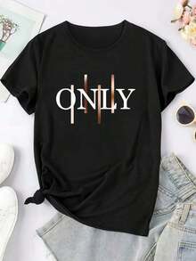 Basic T-Shirt Style Top With Modern Stylized Typography Design, Soft And Comfortable Women's T-Shirt With Front Letter Print - 黑色 - 查看 3