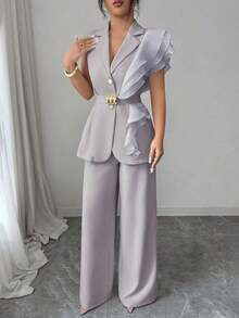 Traje formal elegante de mujer color albaricoque, conjunto de blazer con cuello de volantes de organza con lentejuelas y cintura con lazo, que incluye chaqueta sin mangas y pantalones rectos, color burdeos, adecuado para Halloween, Navidad, - Gris - Ver 4