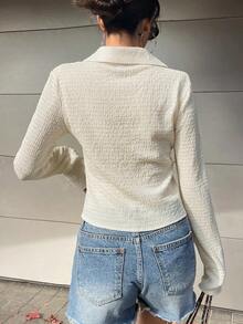 Camisa con botones delanteros sólidos, blusas de manga larga, ropa de otoño, blusas con estilo preppy - Beis - Ver 2