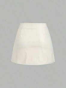Falda mini acampanada de línea A con abertura lateral, de cintura alta y plisada, de PU estilo retro elegante para mujer, Y2K - Crema - Ver 2