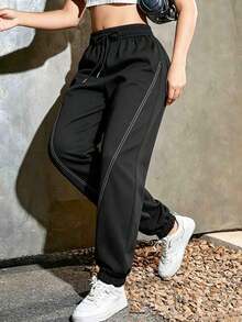 Women's New Fashion Casual Pants, Line Design, Loose Fit, Suitable For All Seasons, Outdoor Activities And Daily Wear, Perfect Gift For Girlfriend Sports - Black - View 11
