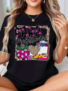 Camisetas gráficas para mujer. Camiseta de regalo para profesoras profesionales con diseño de manzana y estampado de leopardo para trabajadores de la educación y personal escolar. Es una camiseta perfecta para regalar a amigos y familiares en cualquier día festivo u ocasión especial. 220gtops - Negro - Ver 1