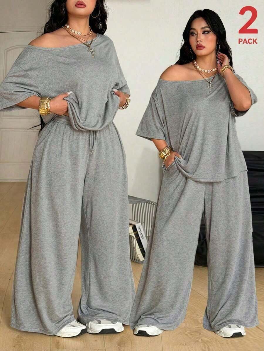 Women's Plus Size Two-Piece Set Of Off-The-Shoulder Top And Wide-Leg Sweatpants, Minimalist Streetwear, Everyday Wear, Going Out, Sport, Comfortable - 灰色的 - 查看 1