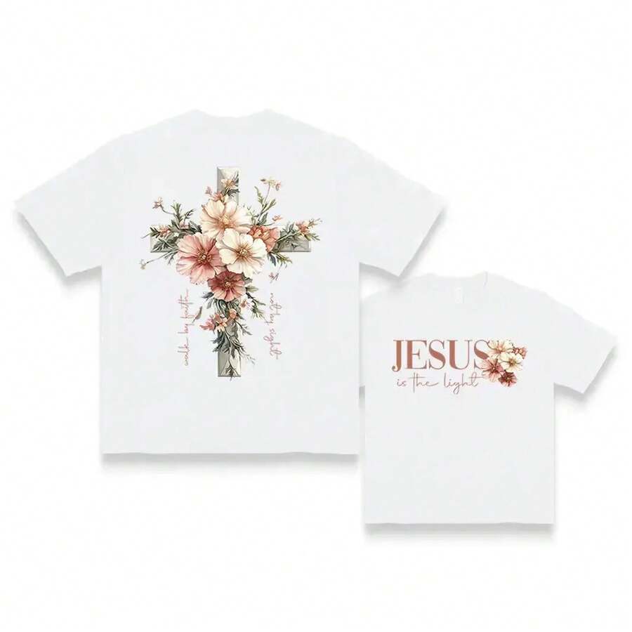 Camiseta con Gráfico de Cruz Floral Cristiana para Mujer, Camiseta 'Jesús es la Luz', Estética Inspirada en la Fe, Flores de Primavera, Atuendo Casual, 100% Algodón, Camiseta Estampada, Camisetas para Mujer, Mercancía Exclusiva - Blanco - Ver 1