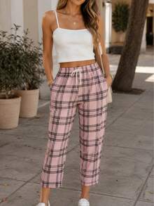 Pantalón Corto pierna recta Cuadros Dama Mujer Casual de Uso Diario Con Bolsas y Cintura Ajustable - Rosa - Ver 5