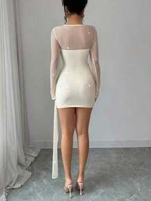YHHSHEIN Raffinéa Vestido apricot brillante y transparente para mujer, vestido mini ajustado con manga larga, transparente, con volantes verticales, adecuado para fiestas de solteros, fiestas de vacaciones, galas de noche, eventos de boda y otras ocasionesYHH - Albaricoque - Ver 2