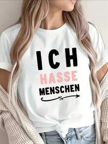 1 pieza de camiseta de manga corta con estampado ICH HASSE MENSCHEN, adecuada para uso casual en casa, cafeterías o salidas, diseño ligero y duradero, ajuste cómodo, ideal para uso diario, 180g 100% algodón. - Blanco - Ver 1