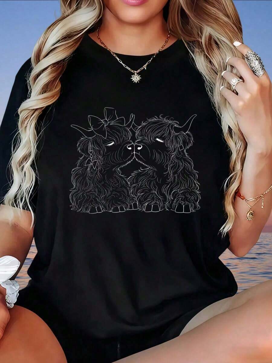 Camiseta Blanca Casual para Mujer con Estampado de Perros Shih Tzu Besándose, Corte Holgado de Verano - Negro - Ver 1
