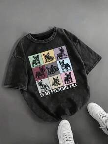 1 camiseta de mujer con estampado creativo de estilo retro urbano, aspecto vintage lavado, ropa de mujer sencilla y a la moda, holgada, suave, cómoda, de manga corta y cuello redondo, color negro clásico, ligera y transpirable, 100% algodón puro, 180g de algodón. - Negro - Ver 6
