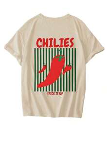 Nueva camiseta de verano casual con estampado de pimiento picante, cuello redondo, manga corta blanca, top versátil y de moda para mujer Ropa deportiva estilo Y2K, cuello redondo, 100% algodón, tejido suave, manga corta. - Albaricoque - Ver 3