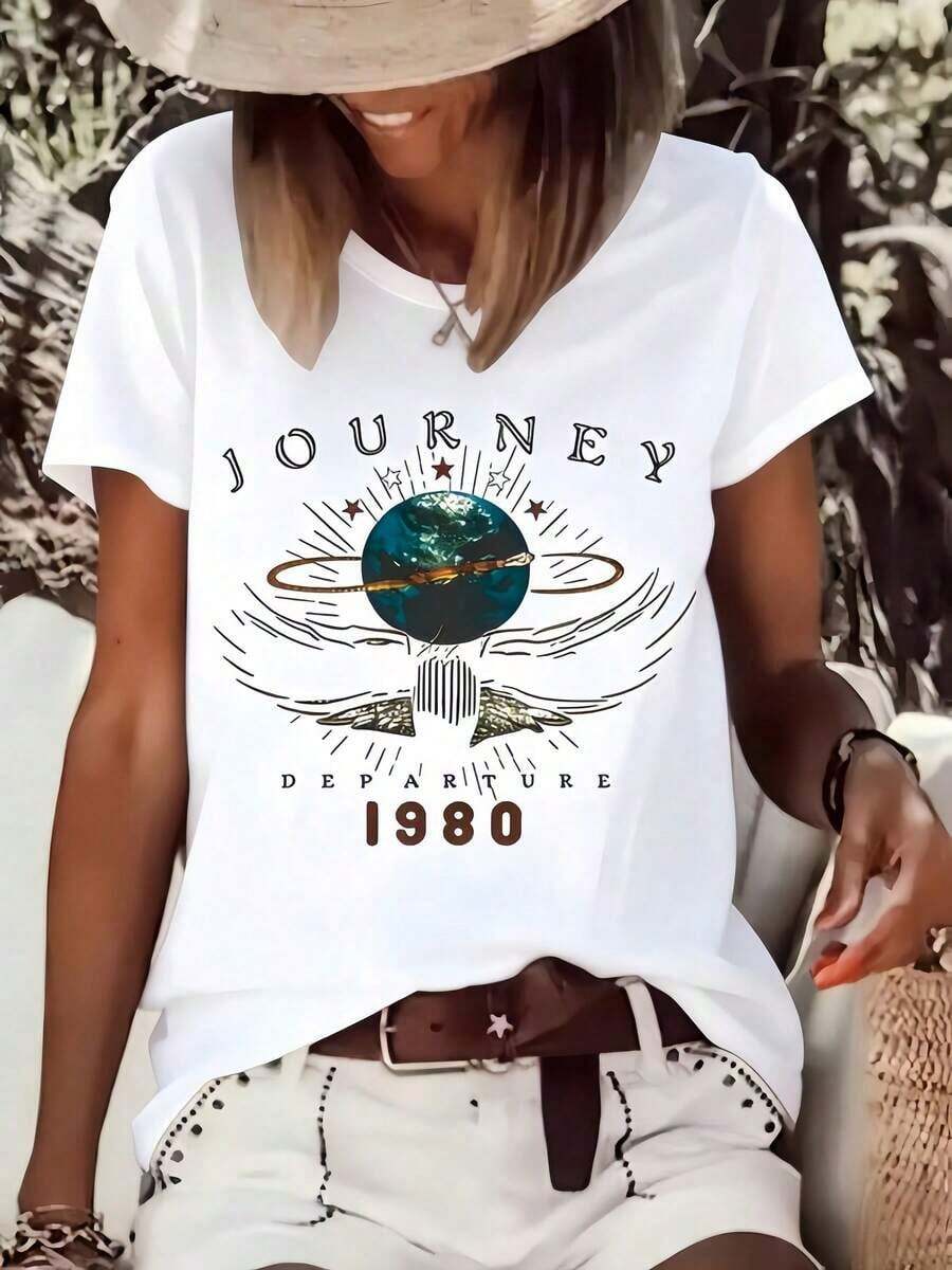 Regalo: 1 camiseta blanca para mujer con estampado del planeta Tierra de 1980, cuello redondo, camiseta casual de algodón, tejido de punto de elasticidad media, corte regular para damas, para primavera/verano/otoño, suave. - Blanco - Ver 1