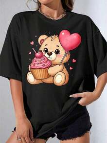 Camiseta negra y blanca para mujer con estampado de oso lindo, cupcake y globo de corazón, estampado de animales de dibujos animados en blanco para uso casual, regalo de San Valentín, top de moda para mujer, camiseta estampada para fiestas al aire libre, estilo vintage urbano, unisex, de algodón, manga corta, cuello redondo, blusas para mujer. blusas.blusas casuales para dama.Impresión de osos cariñosos.Camiseta estampada Impresión de osos cariñosos. - Negro - Ver 1