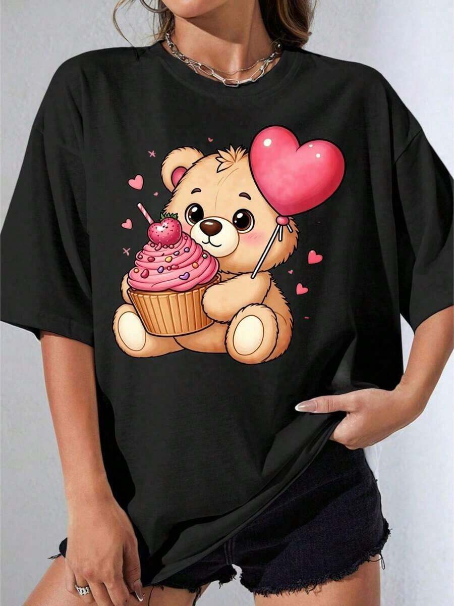 Camiseta negra y blanca para mujer con estampado de oso lindo, cupcake y globo de corazón, estampado de animales de dibujos animados en blanco para uso casual, regalo de San Valentín, top de moda para mujer, camiseta estampada para fiestas al aire libre, estilo vintage urbano, unisex, de algodón, manga corta, cuello redondo, blusas para mujer. blusas.blusas casuales para dama.Impresión de osos cariñosos.Camiseta estampada Impresión de osos cariñosos. - Negro - Ver 1