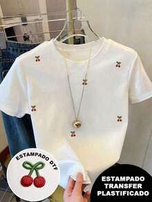 Playera con diseño de cerezas rojas, estilo bordado pero es estampado, colorido, casual, moderno, cuello redondo, manga corta, ideal para todos los días, llamativa, holgada, a la moda, ideal para tí. (unisex, estilo retro, fresco y juvenil, para adolescentes) - Blanco - Ver 8