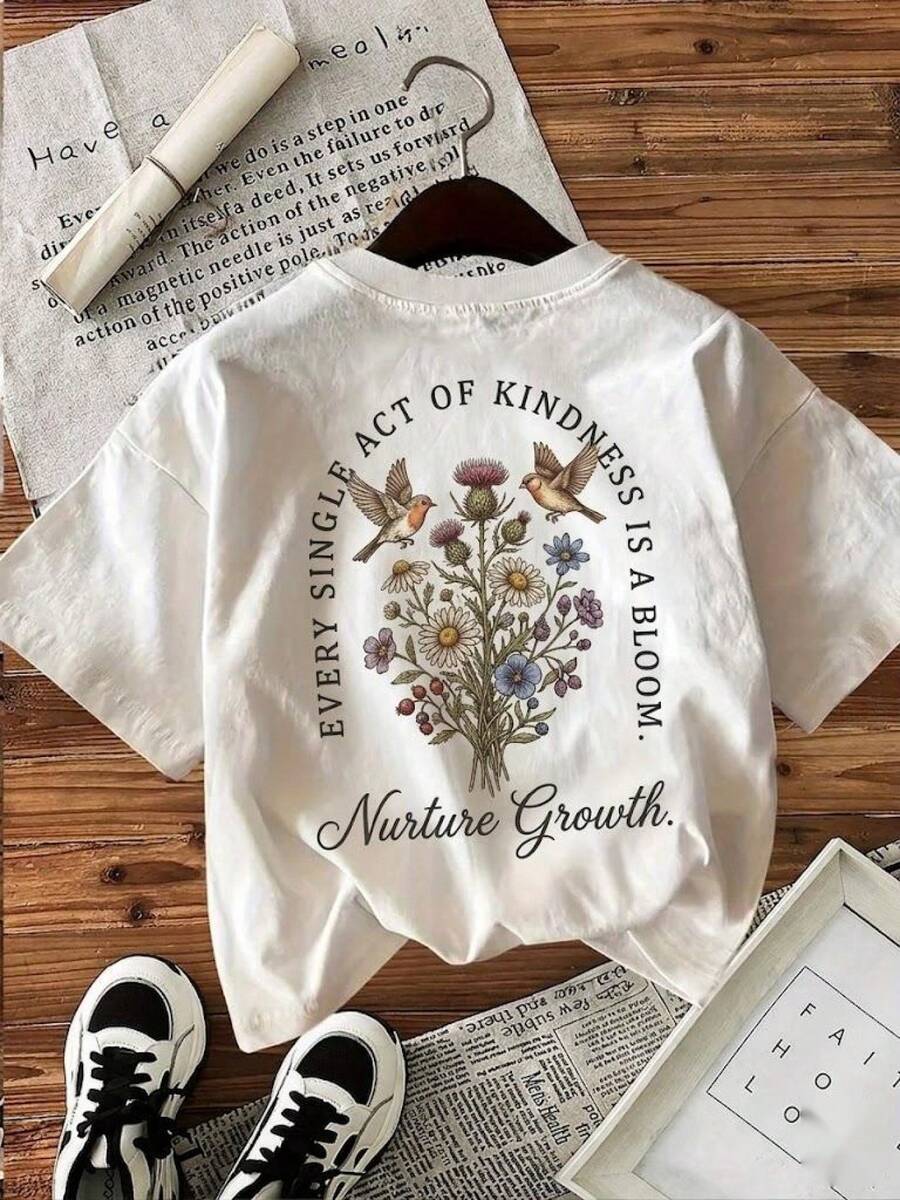 Ropa deportiva casual de una pieza para mujer, cada buena acción florece y fomenta el crecimiento, camiseta estampada para uso diario, ropa elegante para mujer, estilo: cuello redondo, manga corta, corte holgado, un regalo para usted misma/familia/amante/amigos, top de algodón transpirable, ropa casual de gimnasio que absorbe la humedad. - Blanco - Ver 1