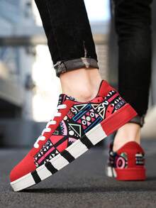 Men's Lace-Up Casual Canvas Sneakers With Random Graffiti & Colorblock Letter Print - Black and Red - View 6