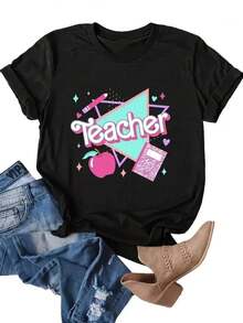 1 Women's Pure Cotton T-Shirt With Letter And Anime Print, Simple Design, Comfortable And Breathable, Suitable For Daily Casual Wear, Showing A Natural And Elegant Style, Must-Have For Summer Parties, Local Delivery, 180g 100% Cotton. - 黑色 - 查看 1