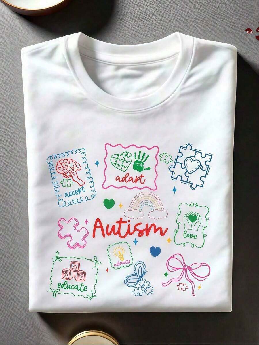 1 pieza de camiseta blanca para mujer con estampado de corazón de rompecabezas y arcoíris, camiseta unisex casual de cuello redondo, tejido ligero de punto fino, lavable a máquina, para primavera/verano/otoño, Pascua/Día de San Valentín/Navidad, 180g, 100% algodón. - Blanco - Ver 1