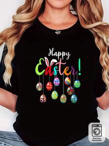 Camiseta moderna, linda camiseta con estampado de huevos coloridos de Pascua, camiseta negra de manga corta y cuello redondo - lavable a máquina, adecuada para primavera, verano y otoño, estilo casual, ajuste cómodo, diseño a la moda, versátil para uso diario, tela suave, estilo moderno, camiseta gráfica para uso diario. - Negro - Ver 6