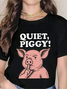 Camiseta Quiet Piggy con diseño gráfico de cerdo divertido, top casual para mujeres y hombres, camiseta unisex con diseño de animal porcino, perfecta para uso diario y como regalo humorístico. Camiseta para mujer. - Negro - Ver 6