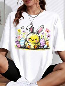 ropa de mujer Camiseta linda de pollito y conejito de Pascua con estampado de huevos de Pascua y flores para la celebración de las vacaciones de primavera camisas de mujer - Blanco - Ver 6