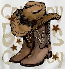 Western-Style Boots, Cowboy Hat, And Comfortable Letter-Print T-Shirt; Short-Sleeved, Crew-Neck Athletic Top; Women's Activewear UX9B. Suitable As A Gift. Women's T-Shirt. Elegant Blouses. Boho Chic. Soft, Breathable, And Comfortable Women's Top, Ideal For Spring, Summer, And Fall; Perfect For Vacations, Travel, And Everyday Wear. - 白色 - 查看 2
