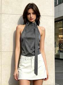Womens Halter Tank Tops Summer Fashion Solid Color Mock Neck Backless Going Out Vest - Grey - View 3