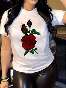 Women's Summer T-Shirt, Loose Fit, With Red Rose And Bud Print, Versatile Short-Sleeved Top, Comfortable And Breathable, Classic Round Neck Design, Suitable For Daily Wear, Dates Or Casual Outfits. - 白色 - 查看 1