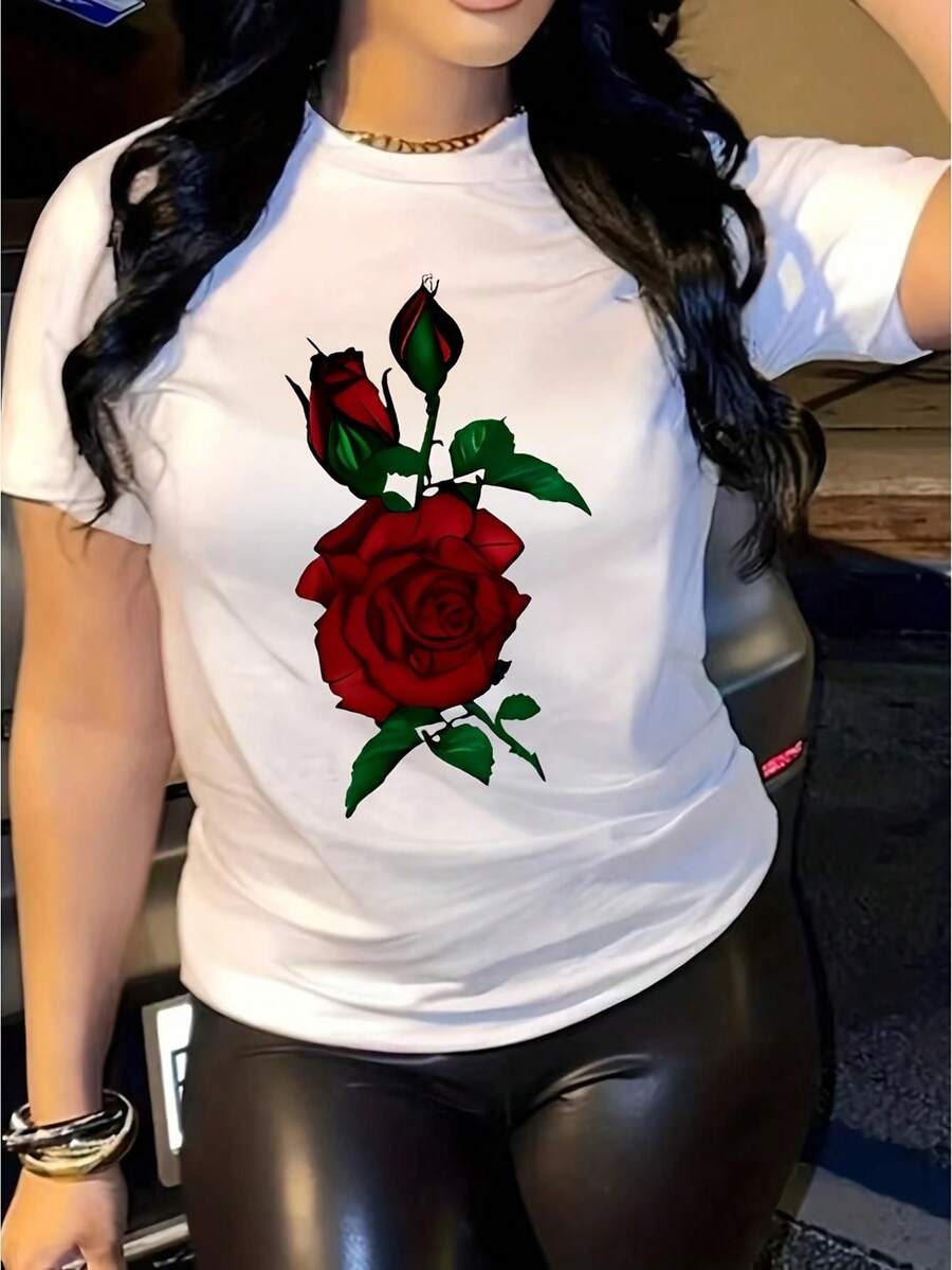 Women's Summer T-Shirt, Loose Fit, With Red Rose And Bud Print, Versatile Short-Sleeved Top, Comfortable And Breathable, Classic Round Neck Design, Suitable For Daily Wear, Dates Or Casual Outfits. - 白色 - 查看 1