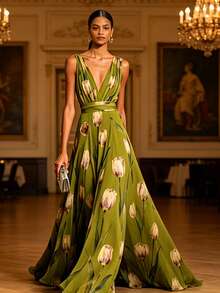 Elegant Women's Boho A-Line Sleeveless Deep V Neck Long Dress With Ruffle Hem And Floral Print - màu xanh lá - Xem 2