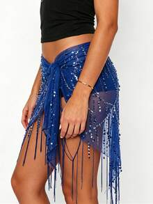 Women Belly Dance Sequin Tassel Hip Scarf Triangle Belt Wrap Skirts Music Festival Sheer Mesh Waist Chain - 藍色2 - 查看 2