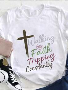 1 Piece Women's Christmas Sweatshirt, Christmas Gift T-Shirt, Casual Women's T-Shirt With 2D Flat Print "Walking By Faith Tripping Constantly", 100% Short Sleeve, Round Neck, Regular Size, Oversized T-Shirt For All Seasons, 180g Fabric, For Valentine's Day, 2D Flat 180g 100% Cotton. - 白色 - 查看 6