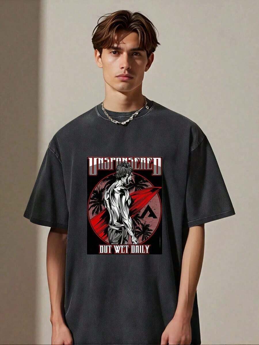 % Cotton, Oversized Black T-Shirt Weighing 230g, With A Washed Design, Featuring Anime Characters And The Phrase UNFORGIVEN BUT WET DAILY; A Stylish Graphic T-Shirt, Perfect For Everyday Wear, Suitable For All Seasons, Unisex Style, Urban Style, Versatile, Stylish, Street Style, Unique Design. - 黑色 - 查看 1