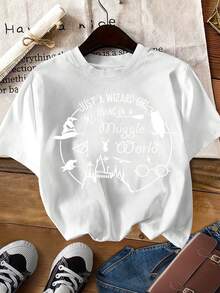 [Warner] Women's Elegant Short-Sleeved T-Shirt With Round Neck And Print From The  And Wizarding World Elements Collection, Comfortable, Soft, Breathable, New Style, Fashionable, Simple, Vintage, Cool, Versatile For Daily Wear, Casual, Spring, Summer, Autumn, Winter, Top Of - 白色 - 查看 1