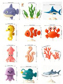 1件海洋主題蛋糕裝飾插牌，含章魚、鯊魚、鯨魚、螃蟹、珊瑚，適用於嬰兒派對與生日蛋糕裝飾 - 彩色 - 查看 7
