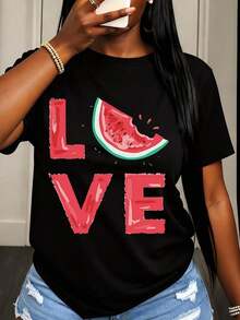 Women's Cotton T-Shirts Watermelon Love Summer Graphic T-Shirt Women Casual Fun Top For Beach Vacation Party Outfit Basic Blouses For Women - 黑色 - 查看 1