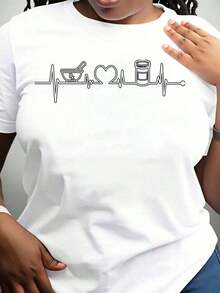 Heartbeat Design T-Shirt For Pharmacists And Pharmacy Students, With Medicine Bottle Graphic And Mortar And Pestle, For Healthcare Professionals And Medical Workers, 220g - Urban Vintage Style, Unisex, Cotton, Short Sleeve, Round Neck, 100% Cotton. - 白色 - 查看 3