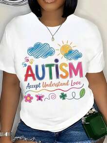 Women's Cotton T-Shirts, Autism Awareness T-Shirt, Colorful Accept, Understand And Love Design For Autism Support And Promotion, Perfect For Autism Awareness Month And Special Needs Events, Women's Basic Blouses. - 白色 - 查看 7